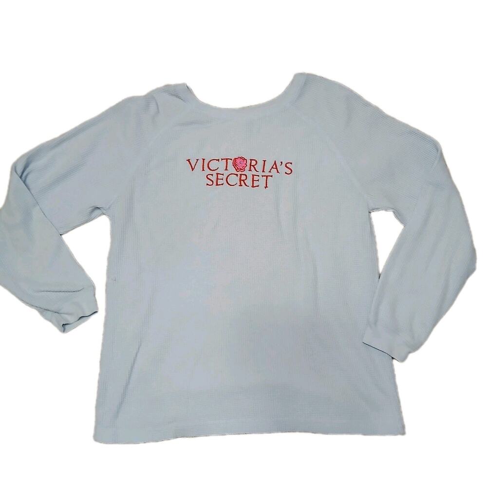 Victoria’s Secret Thermal Waffle Knit Long Sleeve‎ Top Light Blue Embroidered S